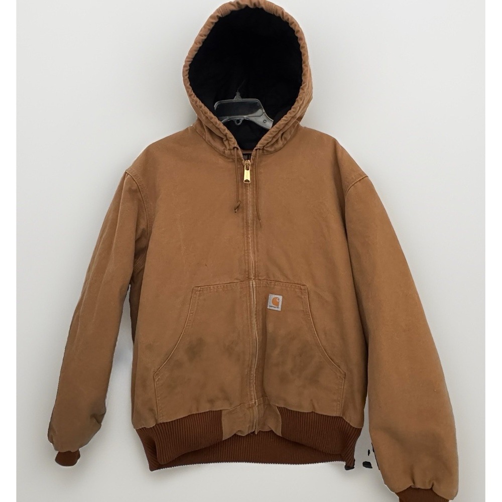 CARHARTT Jacket Mens L Tan Heavy Cotton Rugged Durable Hooded USA Classic OJ0140
